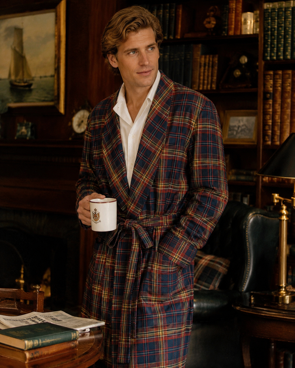Brooks Brothers Wool/ Cotton Navy/ Camel/ Red Plaid Shawl Collar Dressing Gown Made In England Sz M (LNWOT)