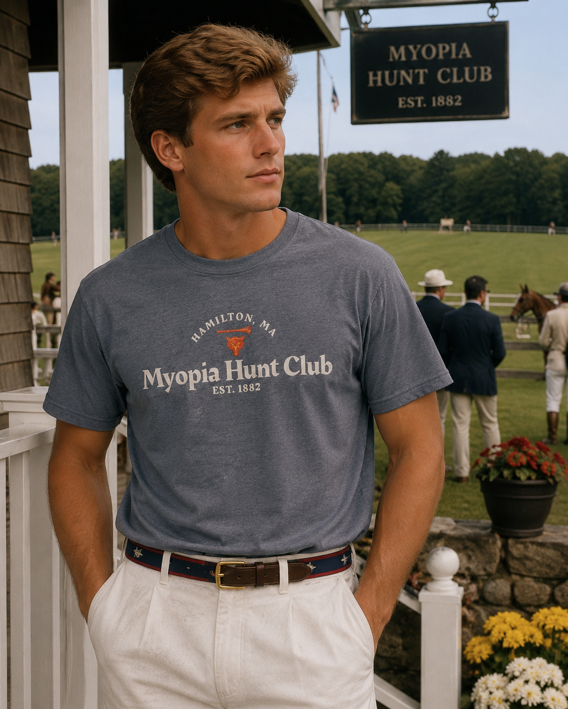 "Myopia Hunt Club Est. 1882 Blue/ Grey S/S Tee Shirt" Sz XL (NWT)