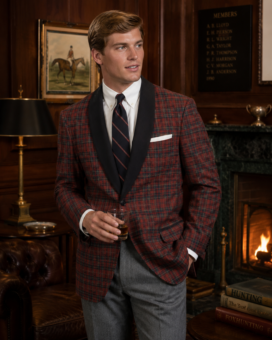 Brooks Brothers Regent Burgundy Tartan Plaid Shawl Collar Wool Flannel Dinner/ Smoking Jacket Sz 48R