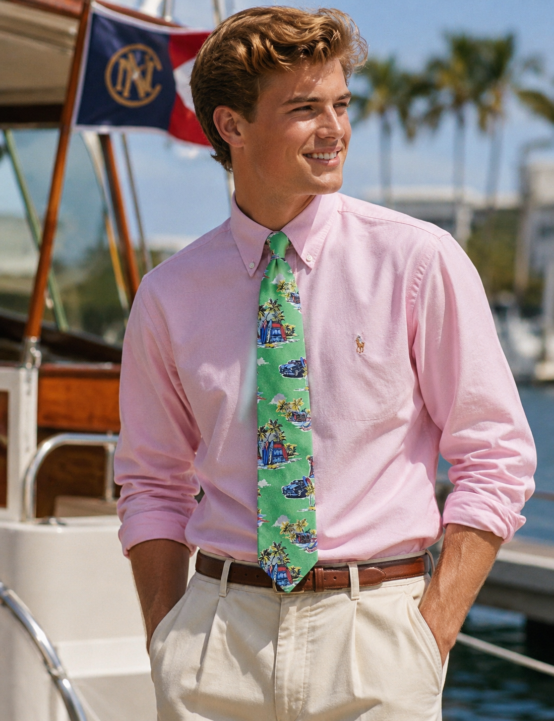 "Drake's London Lime Green Madder Silk Tie w/ Surfing Safari Print" (NWT)