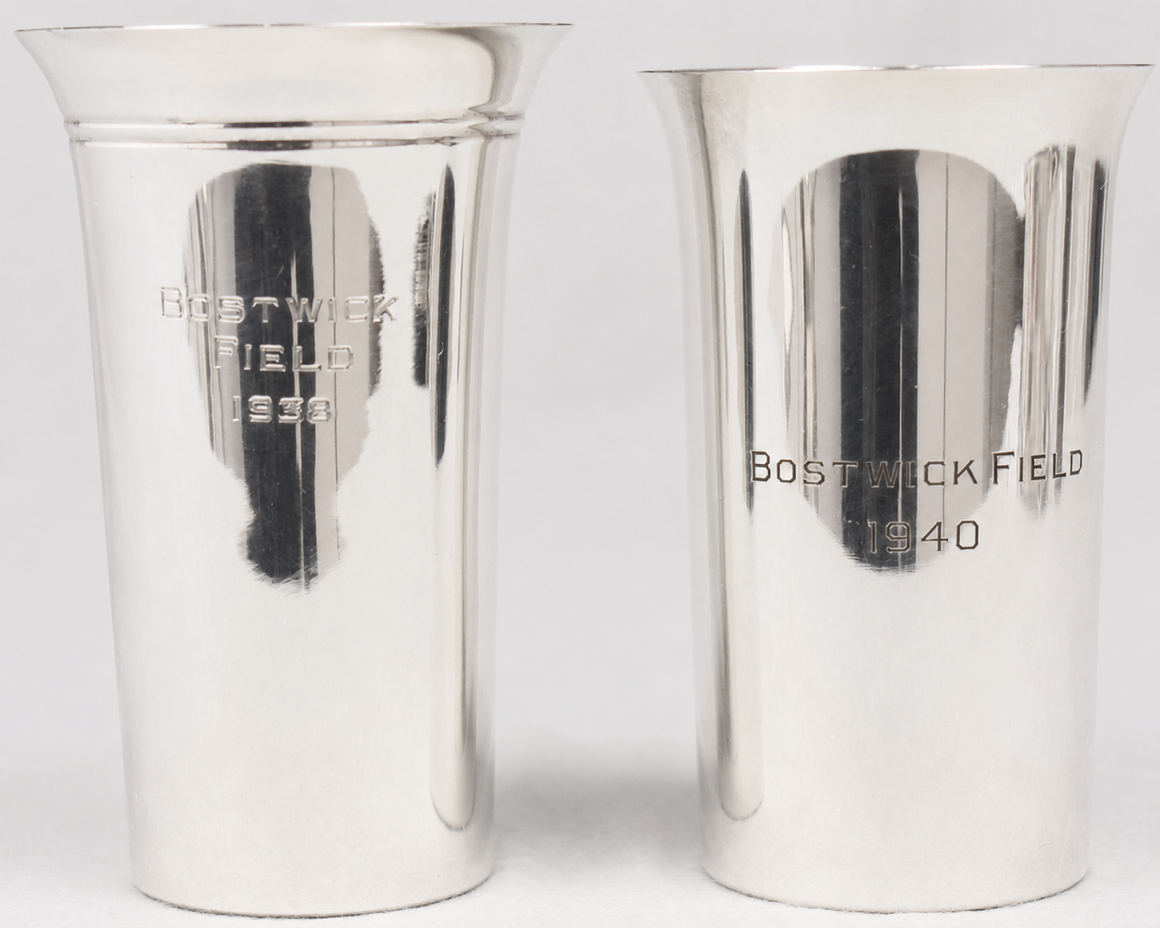 "Set x 2 Bostwick Field 1938 & 1940 Silver Plate Shot Cups"