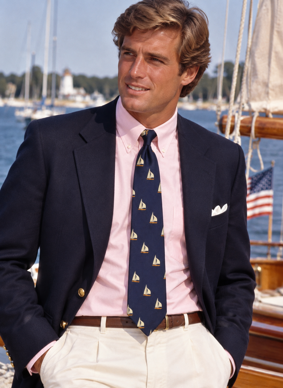 Chipp Navy Poly Club Tie w/ Yellow Sailboat Print