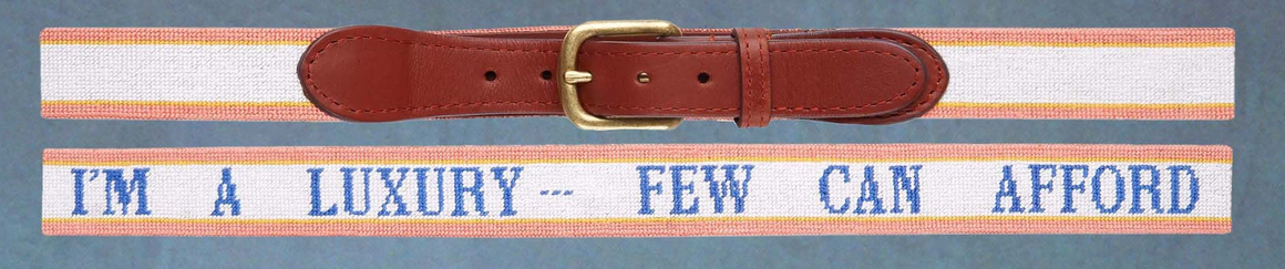 "Rowing Blazers x S&B Hand Needlepoint "I'm A Luxury... Few Can Afford" Belt Sz 36