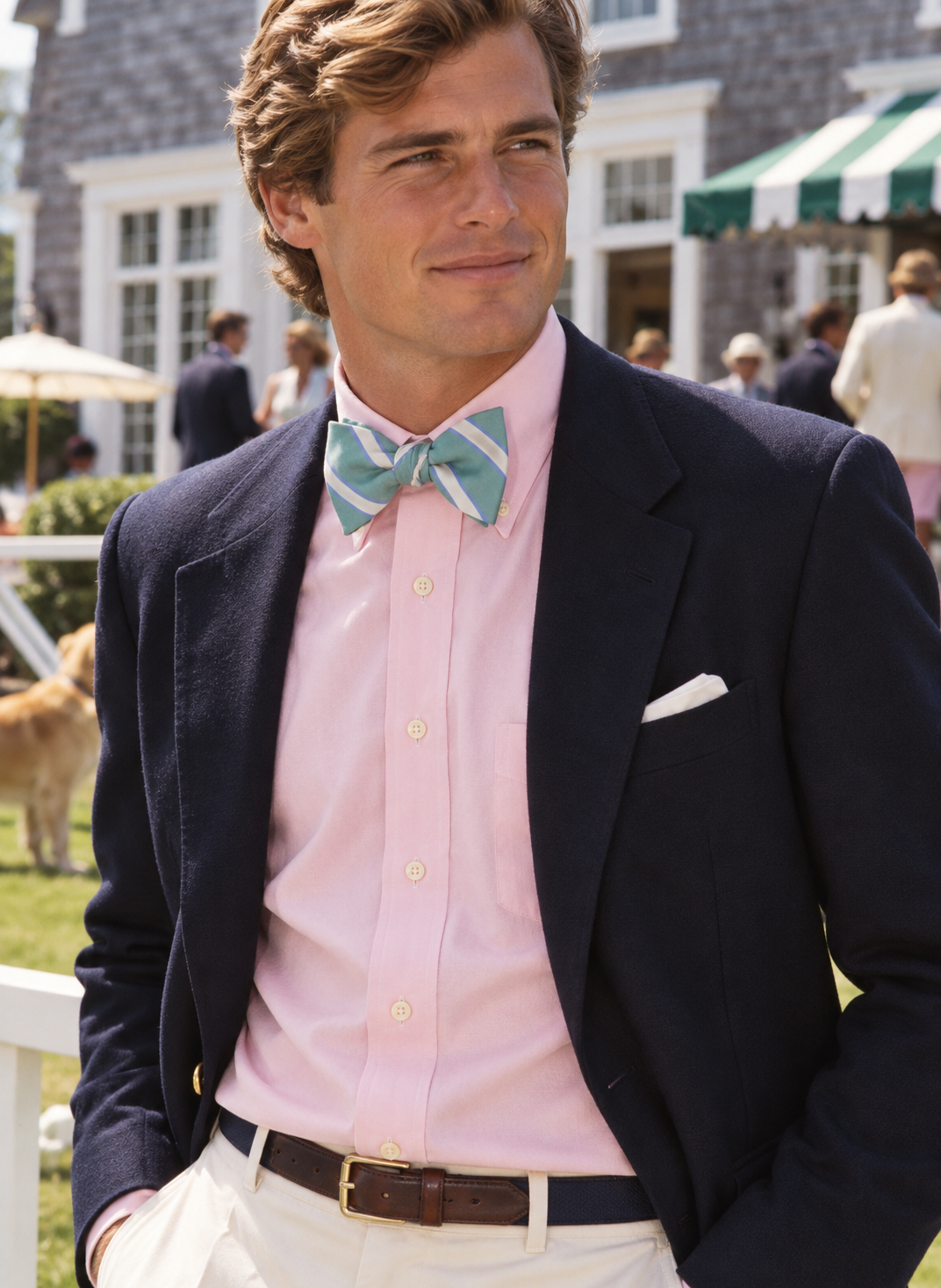 The Andover Shop Green w/ White & Blue Repp Stripe Silk Bow Tie