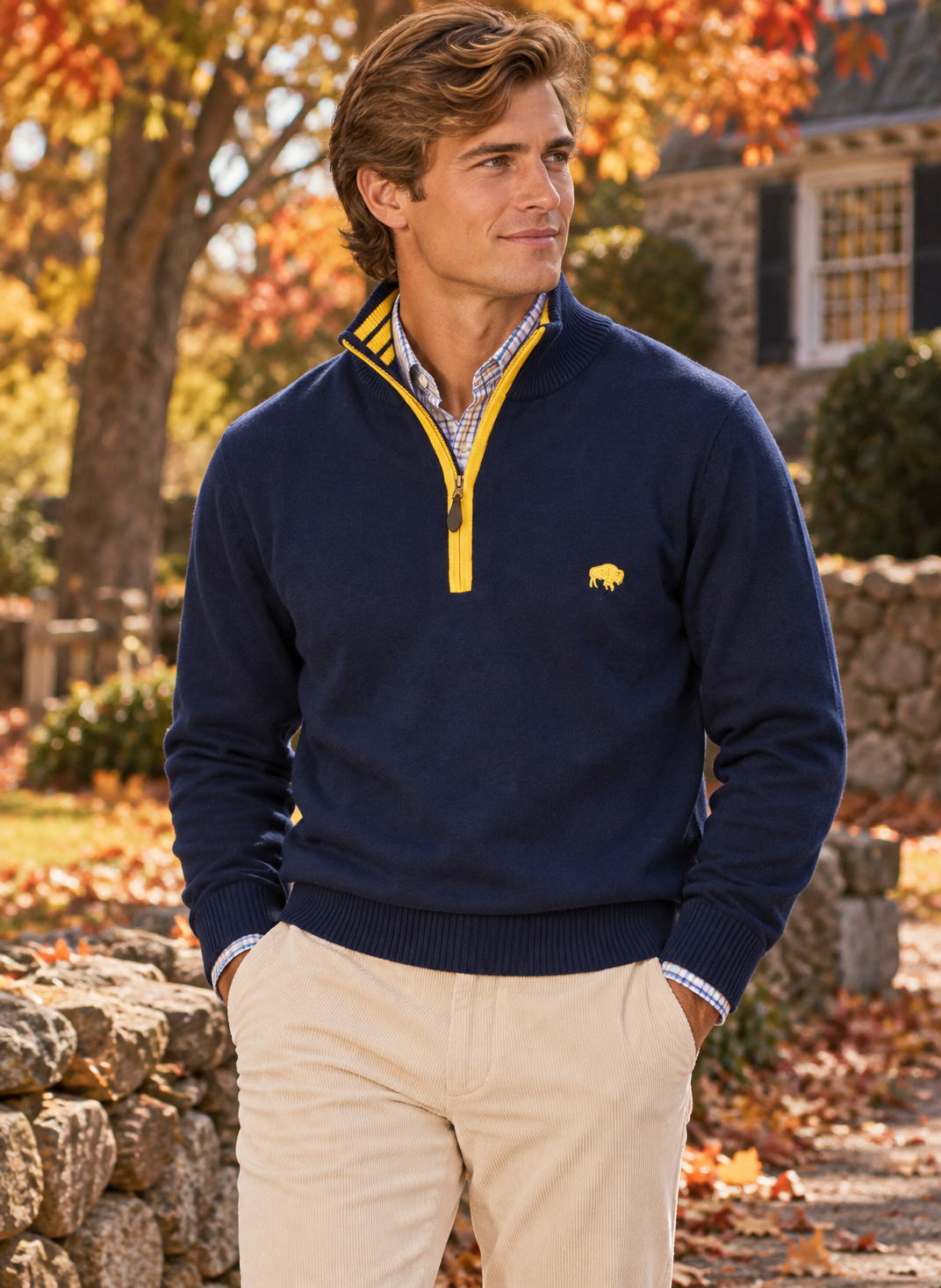 "O'Connell's Cotton Knit Zip Mock Sweater with Buffalo - Navy with Gold" Sz XXL (LNWOT)