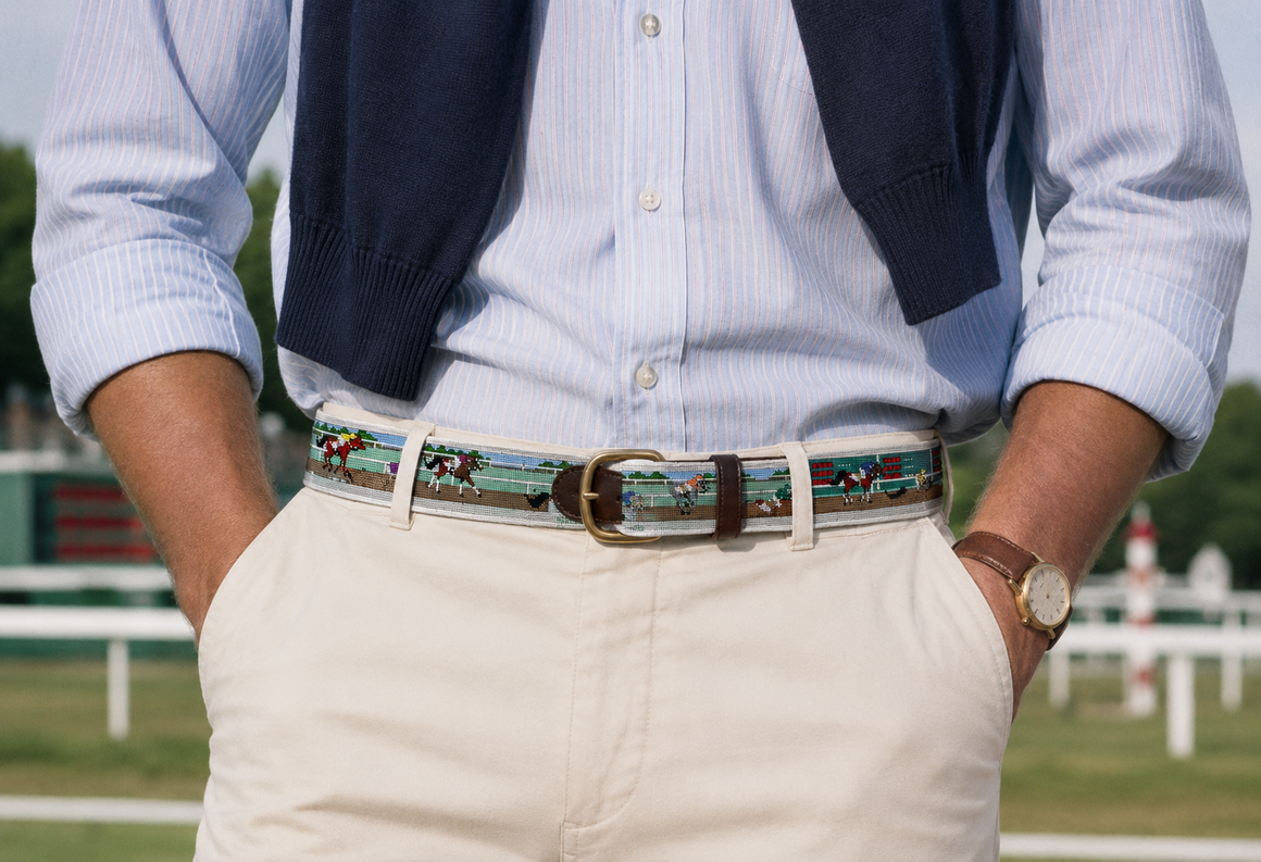 Needlepoint Belt Canvas w/ Hand Painted Horse Race Scene