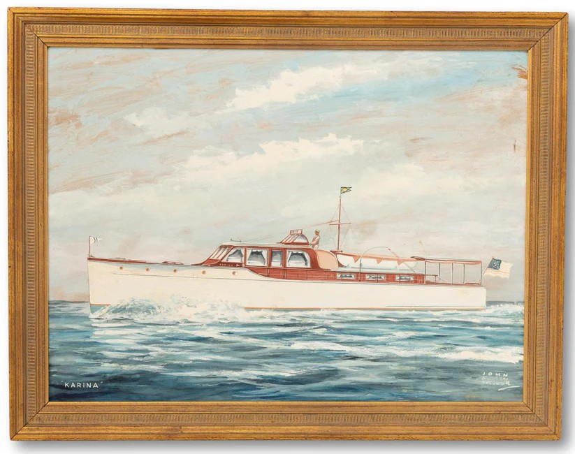 "Karina" Motor Yacht c1950s Gouache By John Austin Taylor (1918 - 2001)