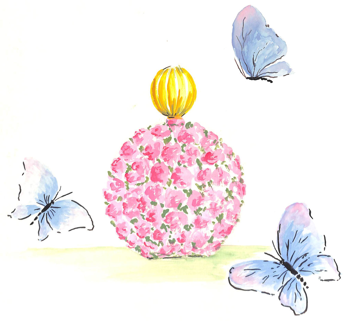 Lanvin Paris Floral Perfume Bottle w/ Butterflies Reversing To Pink Bouquet Artwork