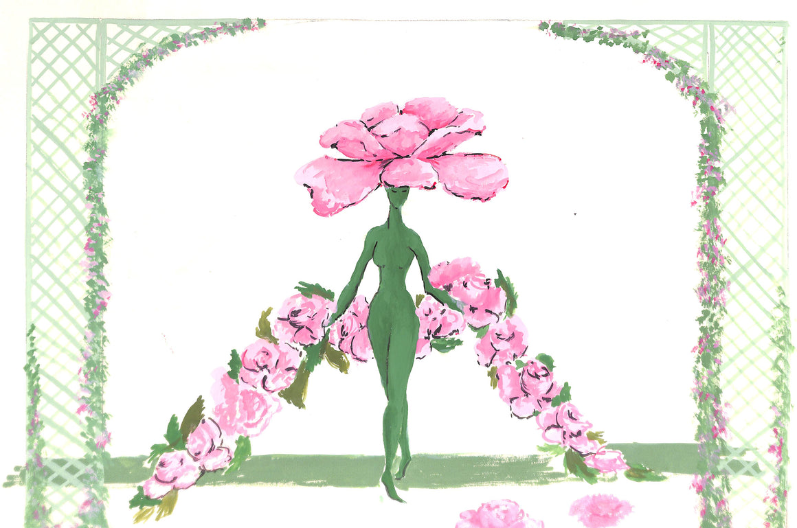 Lanvin Paris Pink/ Green Floral Lady Two-Sided c1950s Artwork