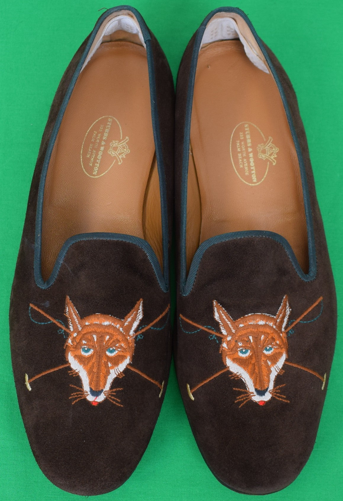 "Stubbs & Wootton Espresso Suede Fox Mask w/ X'd Riding Crops Slippers" Sz 11 1/2