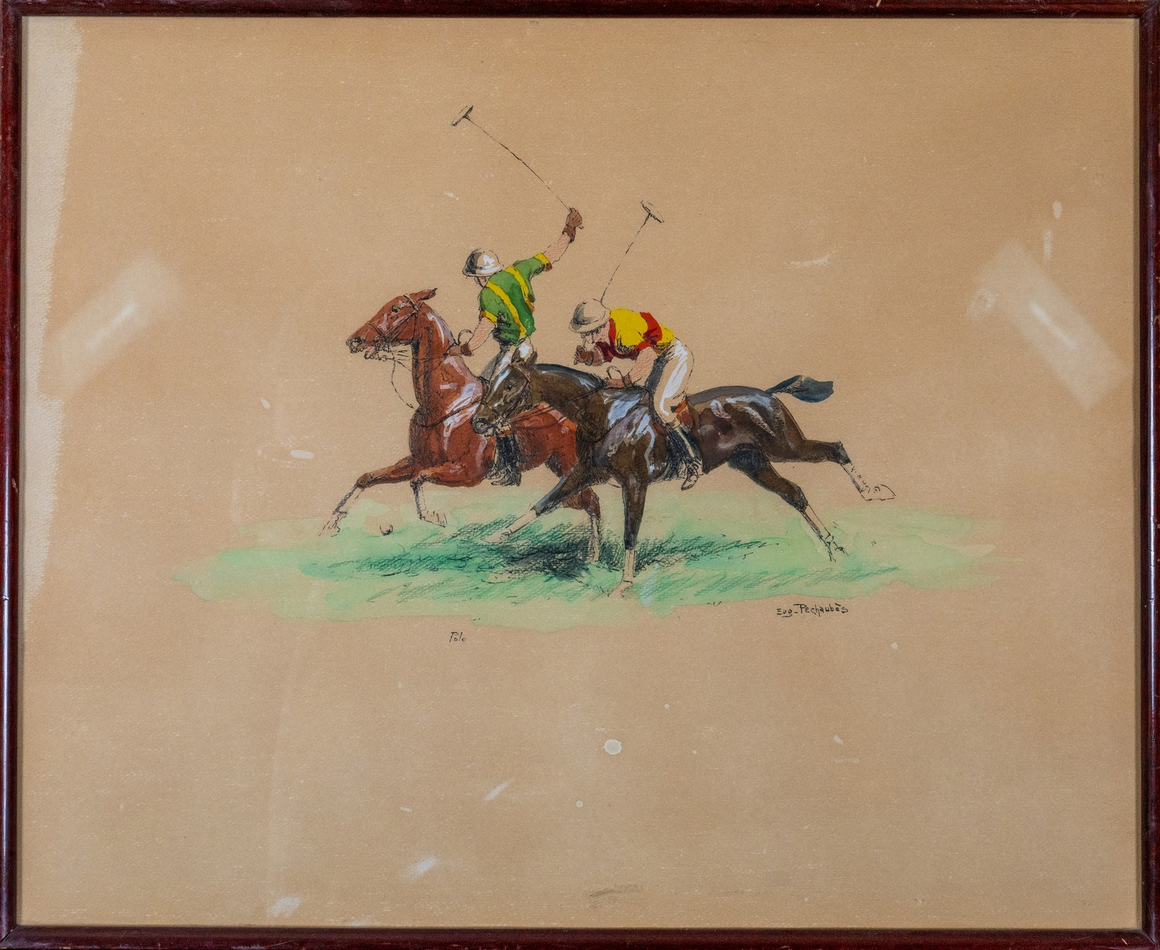 Two Polo Players Watercolour by Eugène Péchaubès (French, 1890-1967)