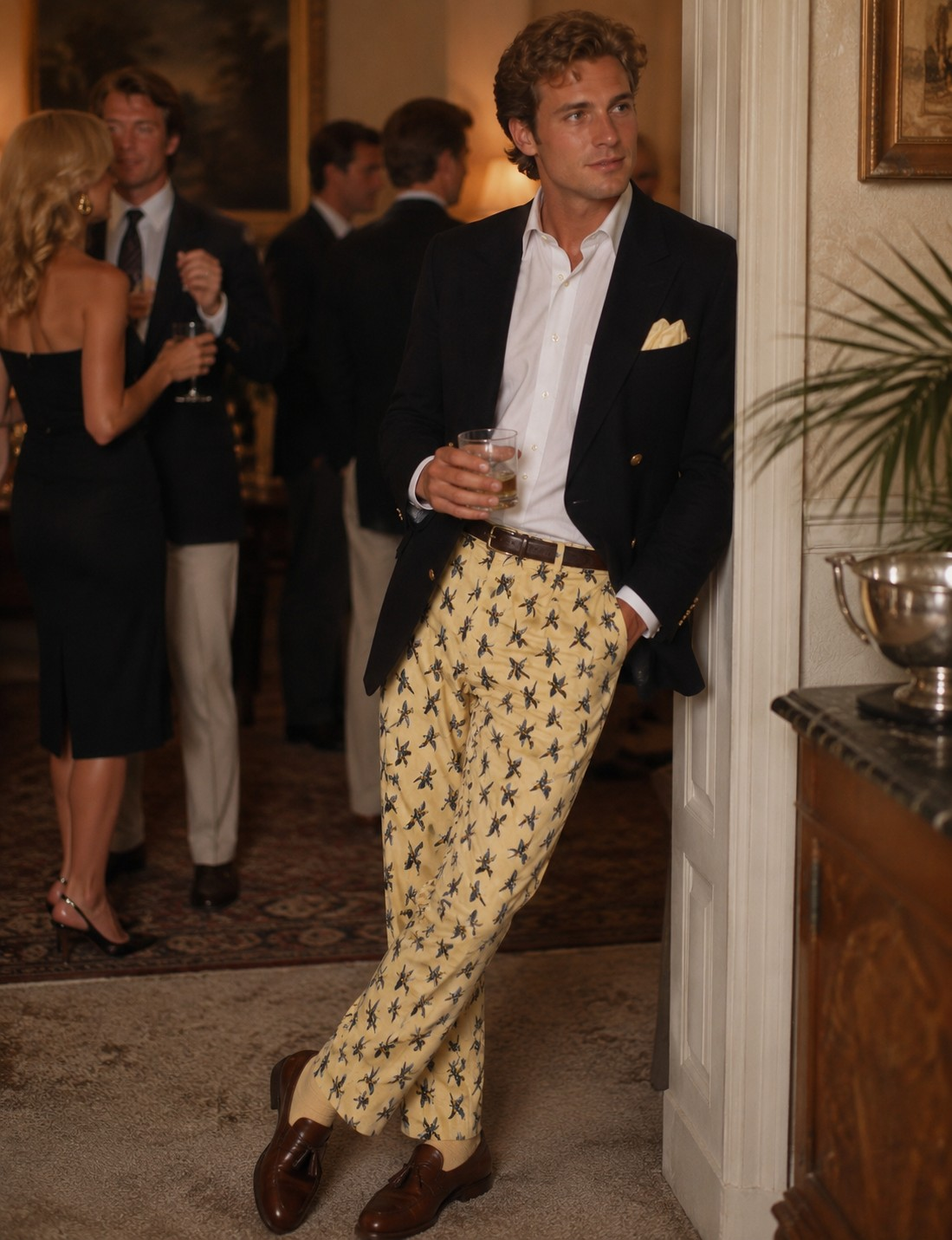 Chipp Yellow Wool Challis Trousers w/ Pheasant Print Sz 40