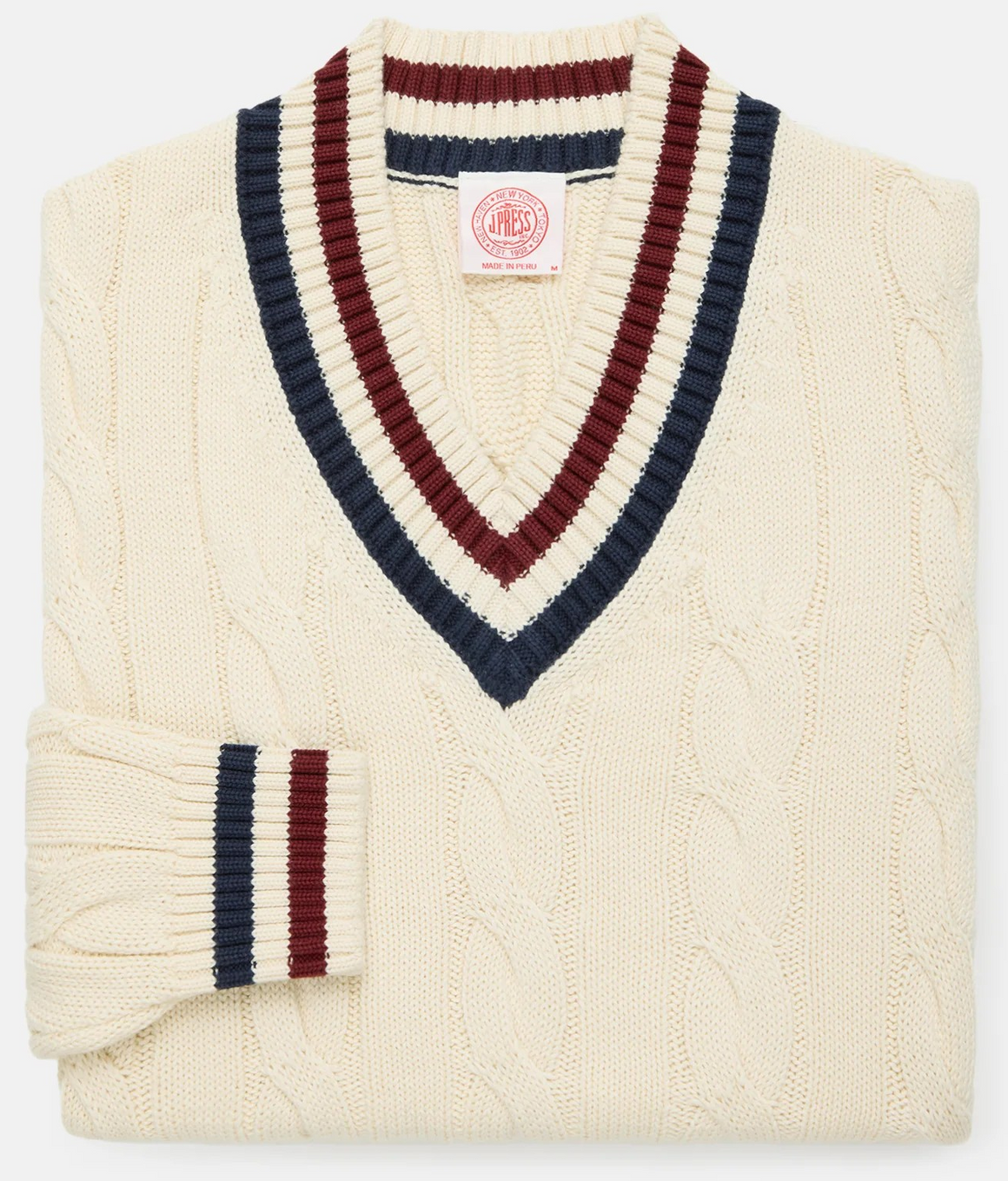 "J. Press Ecru, Navy & Burgundy Cotton Cricket Sweater" Sz XL (NWT)