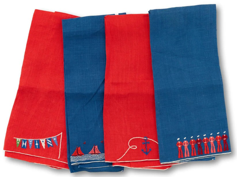 "Set x 4 Nautical Embroidered Linen Hand Towels"