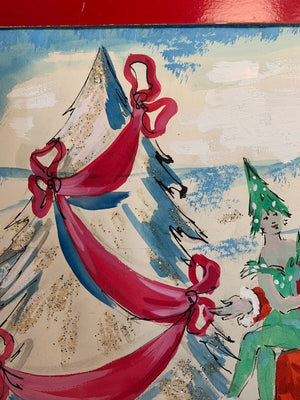 Lanvin of Paris c1950s Watercolor ‘Santa w/ Two ‘Glam’ Elves on his Lap'