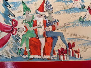 Lanvin of Paris c1950s Watercolor ‘Santa w/ Two ‘Glam’ Elves on his Lap'