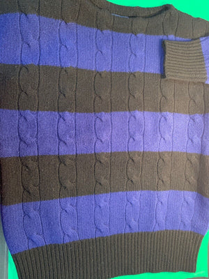 "Rugby Ralph Lauren Blue/ Black Stripe Cable Crewneck Shetland Sweater" Sz L