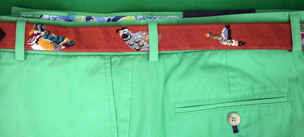Itz A Stitch Hand Needlepoint Russet Belt w/ 8 Gamebird Motifs Sz 45