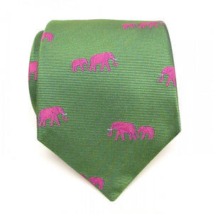O'Connell's x Seaward & Stearn English Woven Silk Club Tie - Elephants - Green with Pink (NWOT)