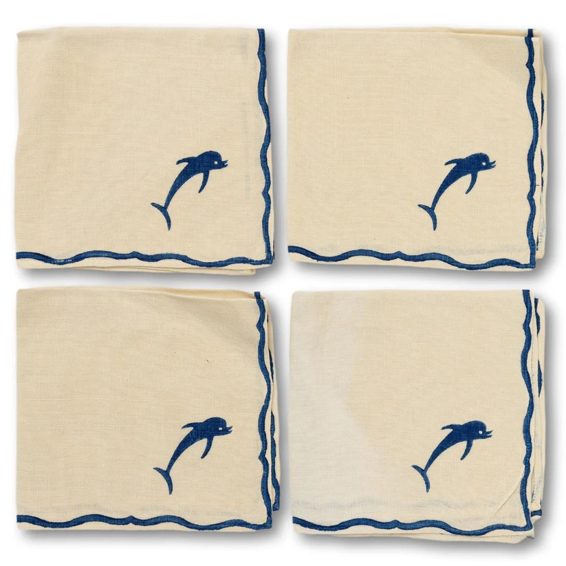 "Set x 4 Blue Dolphin Linen Napkins"