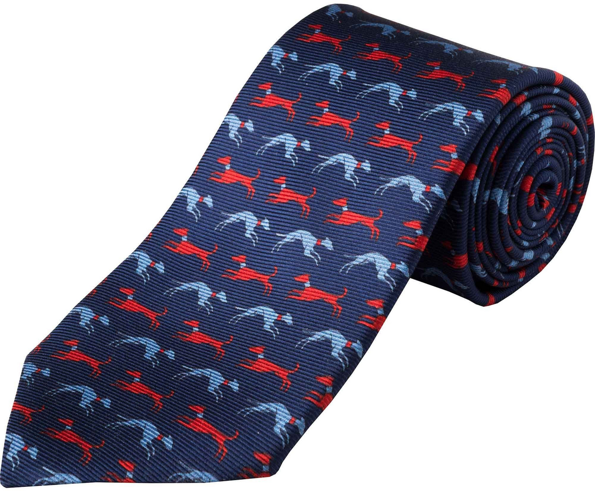 "Cordings Navy Speeding Hound Printed Silk Tie"