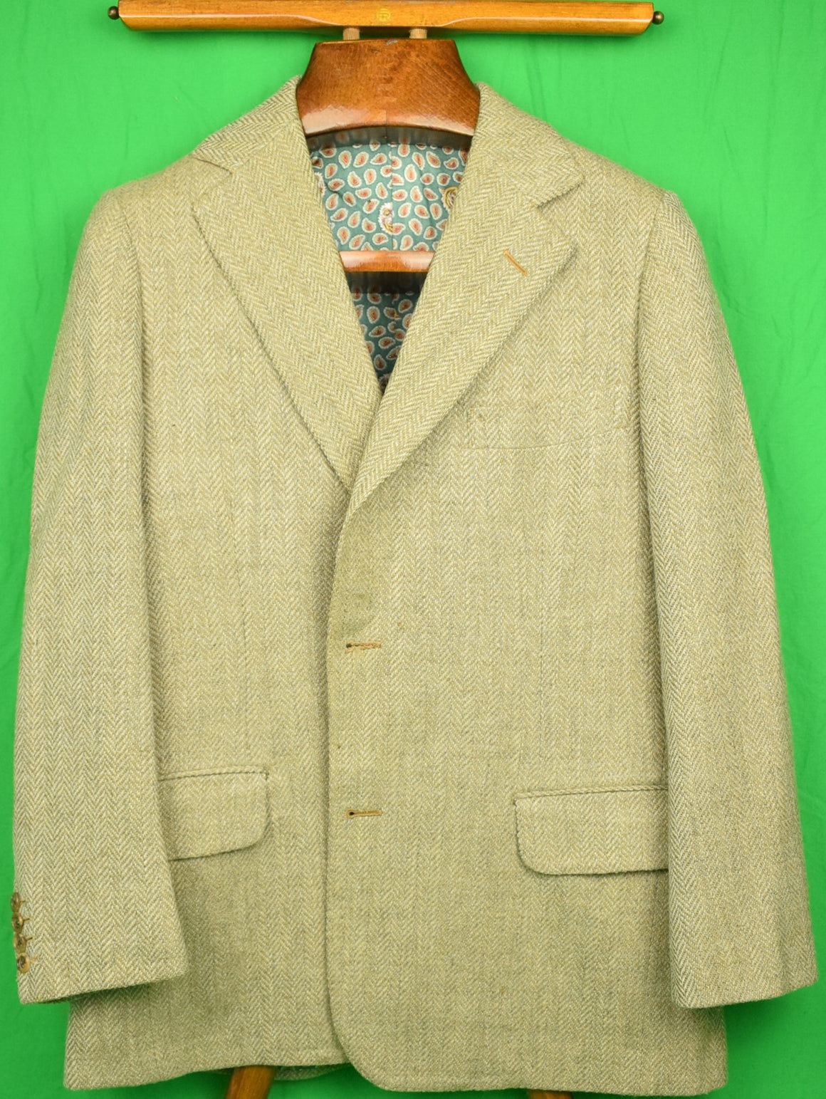 "J. Press Silk/ Wool Herringbone c1974 Sport Jacket w/ Paisley/ Tiger Head Lining" Sz: 42R