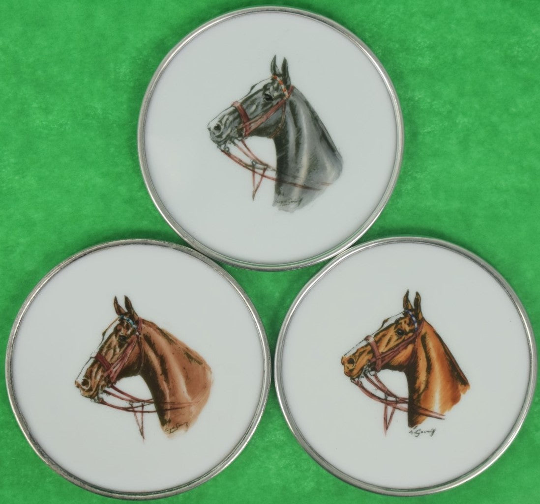 "Set of (3) Cyril Gorainoff Horse Head Milk Glass w/ Sterling Rim Coasters"