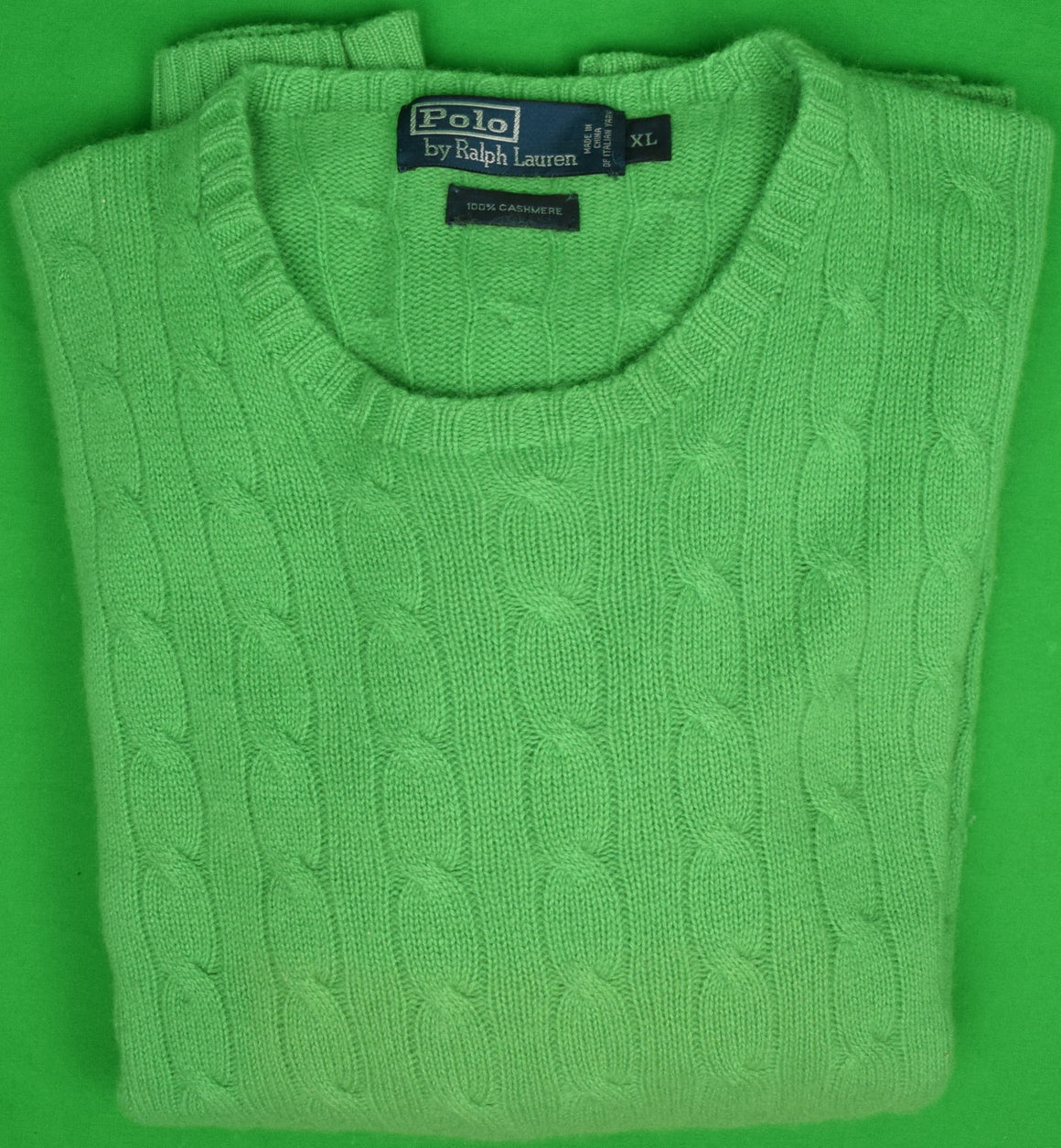 "Polo by Ralph Lauren 100% Cashmere Kelly Green Cable Crewneck Sweater" Sz: XL