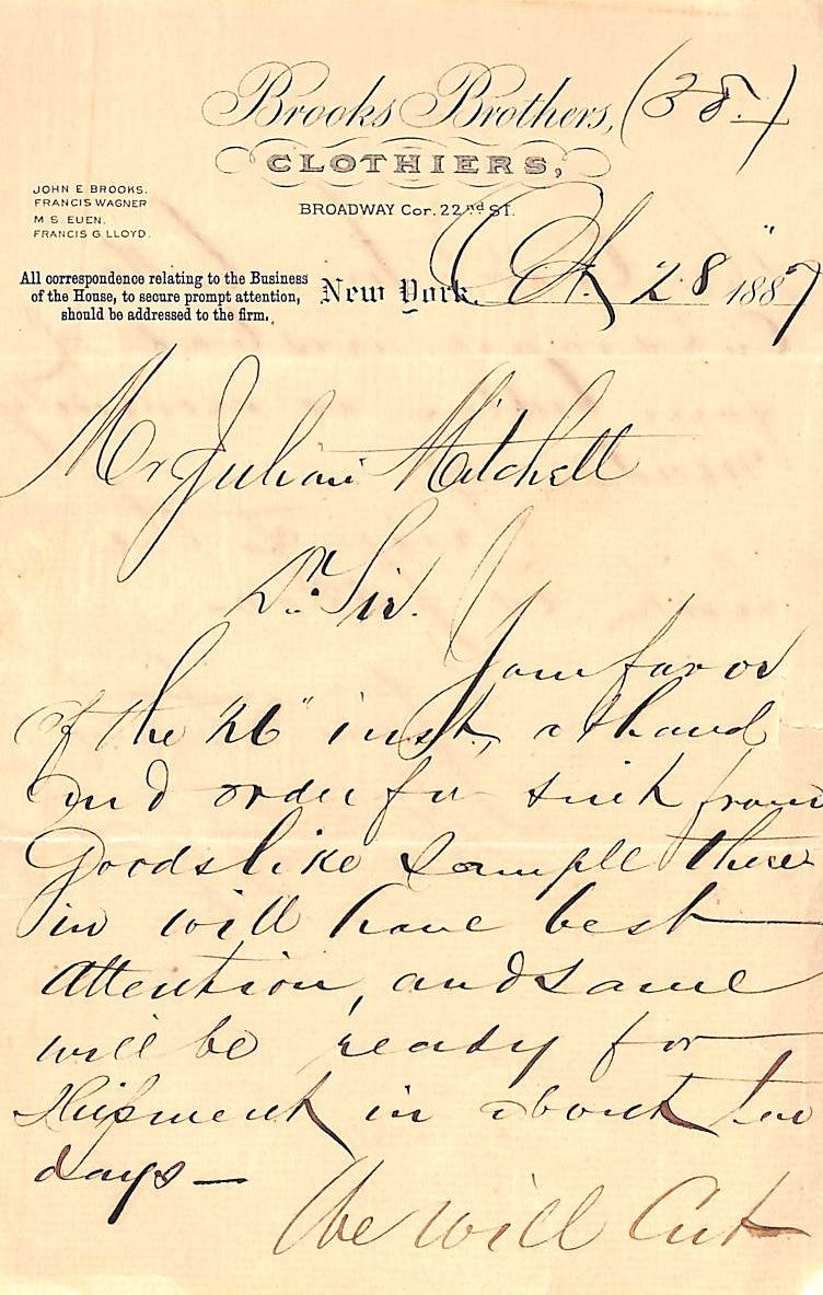 Brooks Brothers 1887 (2-Sided) Hand-Written Letter