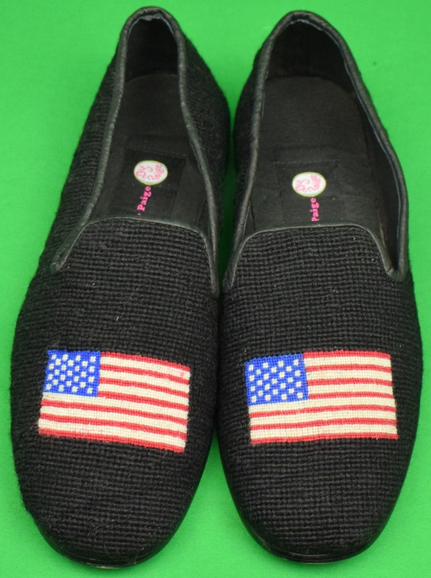 "Needlepoint Black Slippers Embroidered w/ US Flag" Sz: 11-1/2 (New!)