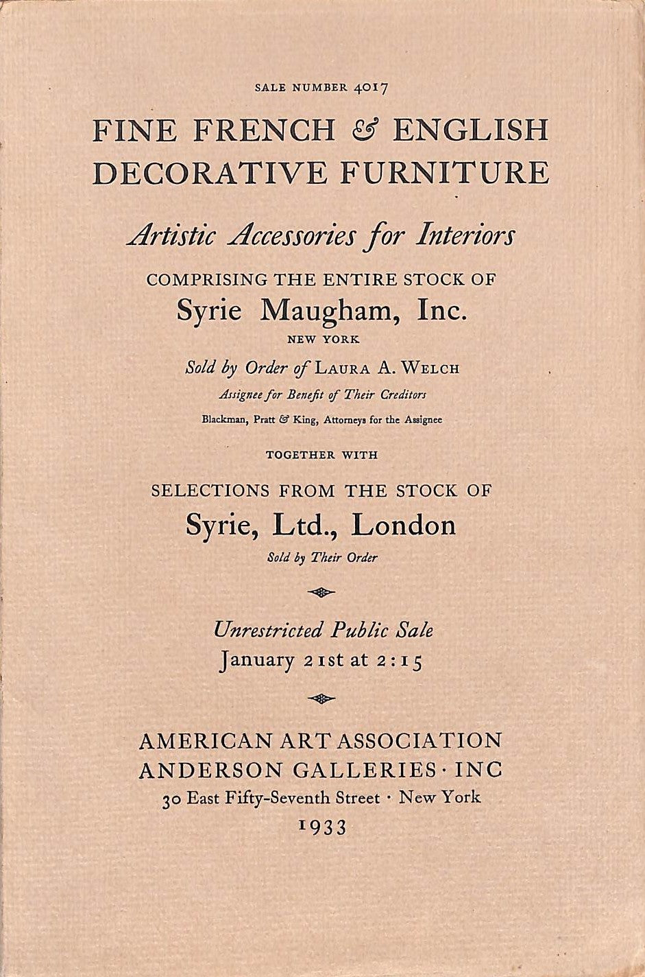 "Fine French & English Decorative Furniture Stock Of Syrie Maugham, Inc." 1933