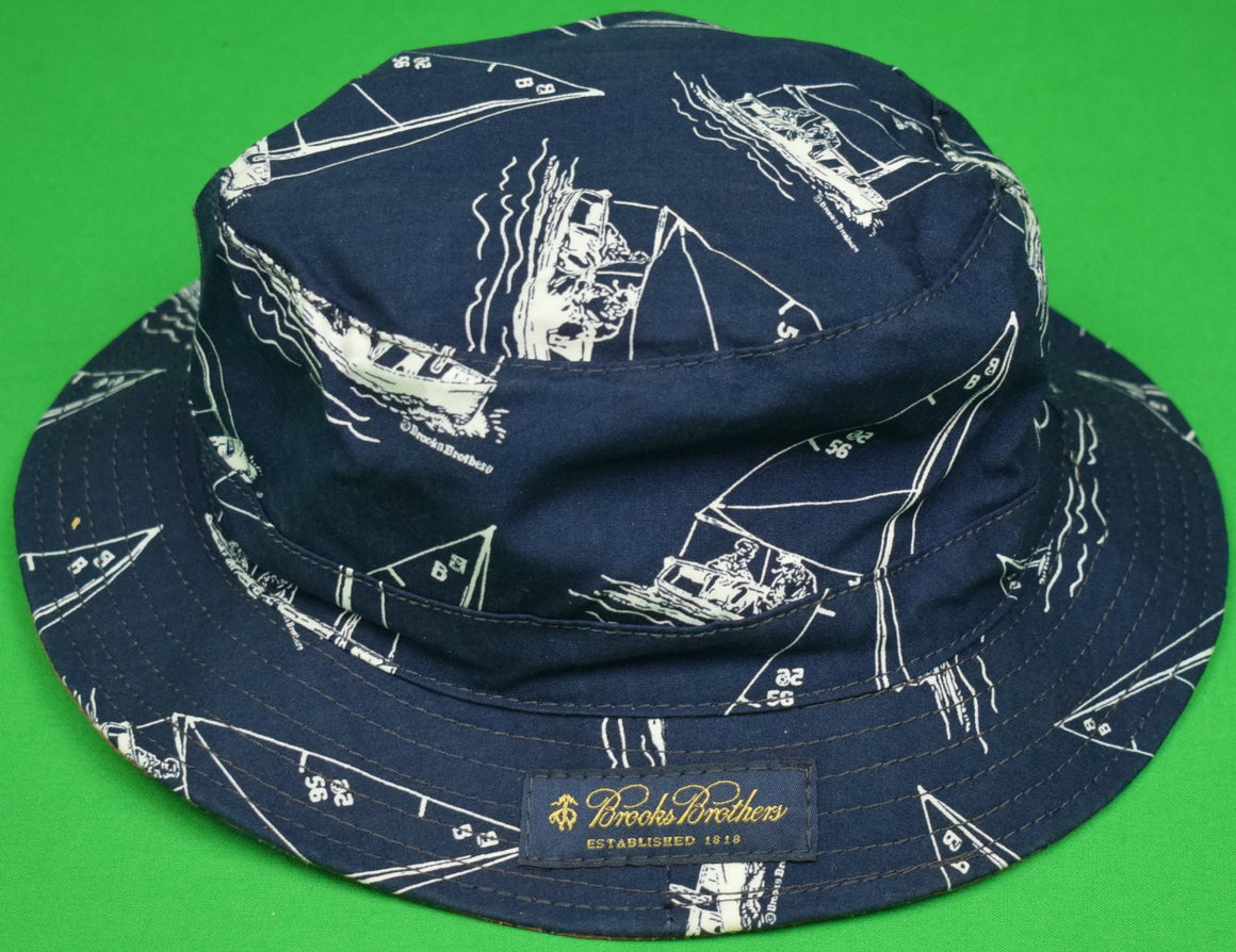 Brooks Brothers Reversible Navy/ Ack Red Bucket Hat w/ Paul Brown Sailboat Print