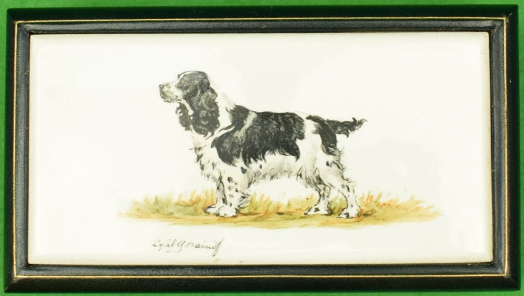 Cyril Gorainoff Hand-Painted Cocker Spaniel Porcelain Plaque On Navy Blue Leather-Lined Cigarette Case