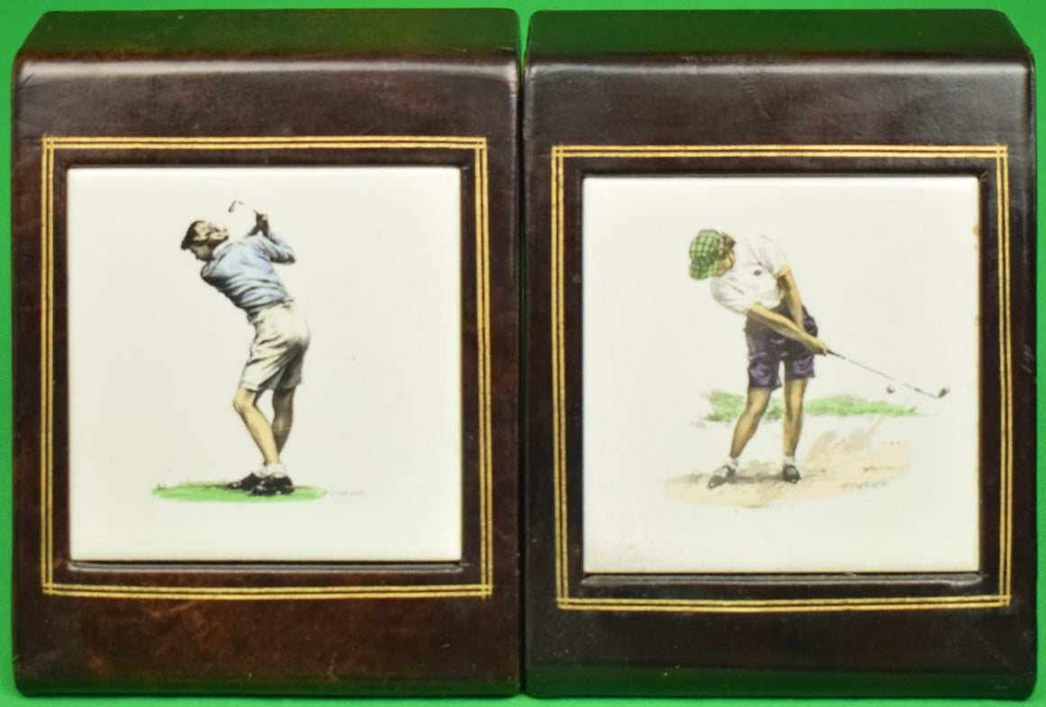 Lady Golfer Plaque Leather Bookends by Milton Weiler