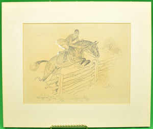 Paul Brown Original Pencil c1937 Drawing Fox-Hunter Clearing Fence