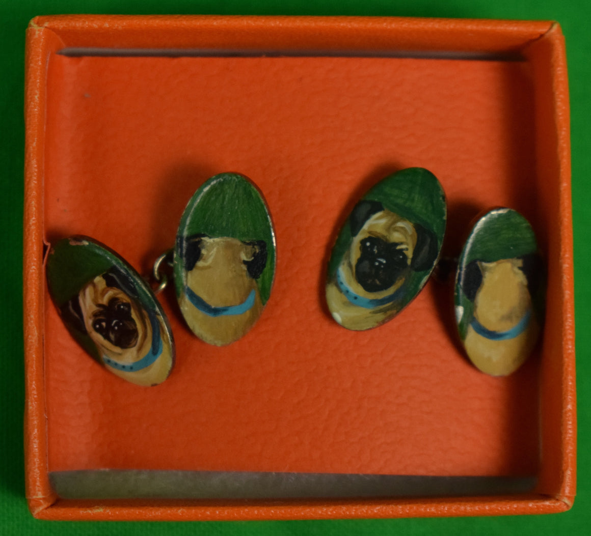 Pair of Hand-Painted Pug Dog Sterling Cufflinks