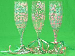 "Set x 3 Hand-Painted Pink/ Green Lilly Pulitzer Champagne Glass Flutes" (SOLD)