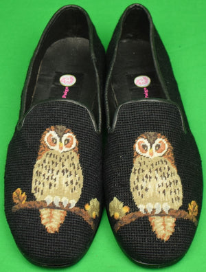 "Needlepoint Black Slippers Embroidered w/ Owls" Sz: 11-1/2 (New) (SOLD)