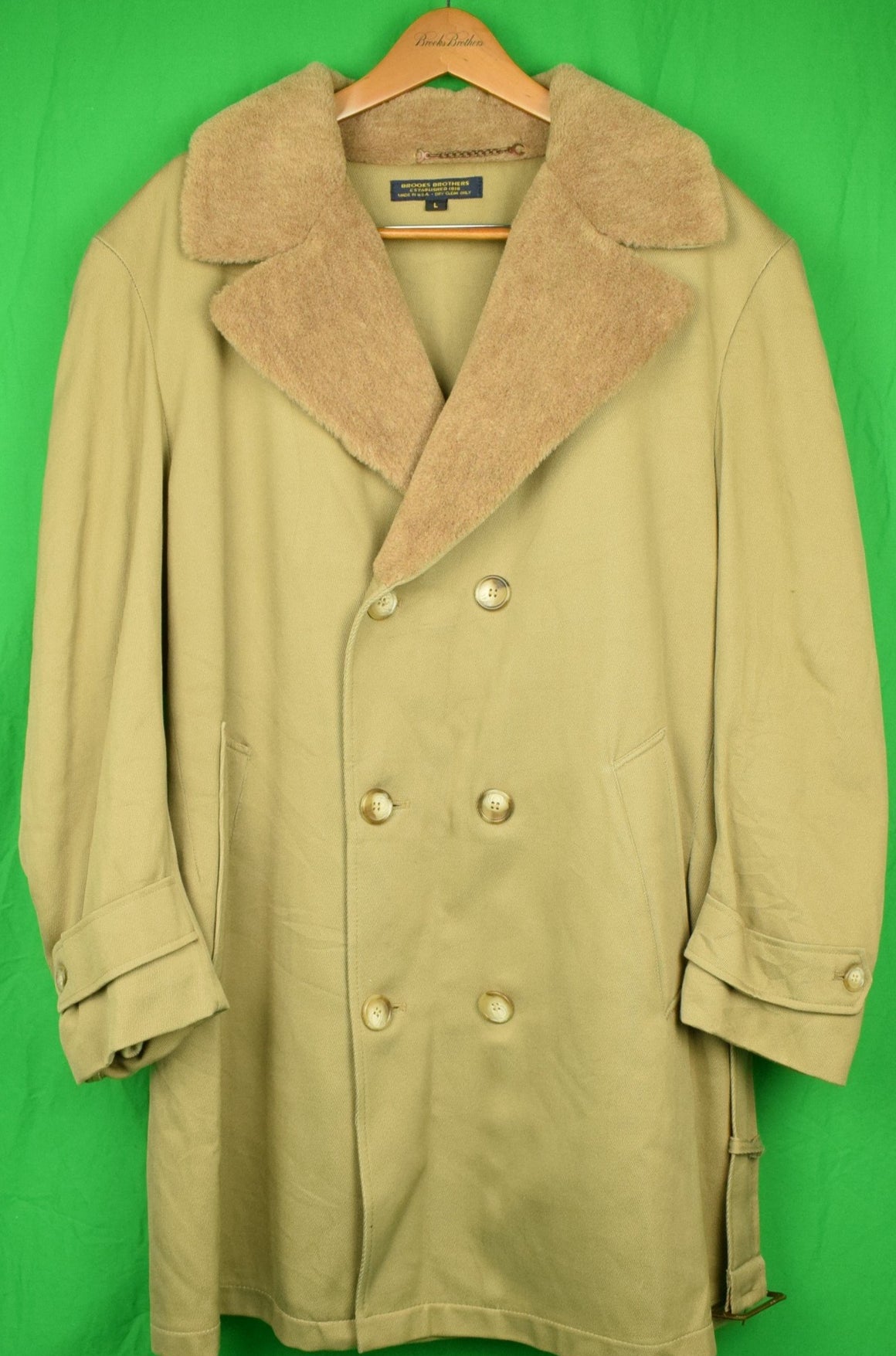 "Brooks Brothers DB 3/4 Length Cavalry Twill Belted Overcoat w/ Mouton Pile Collar Sz: L (New/ Old Stock!)"