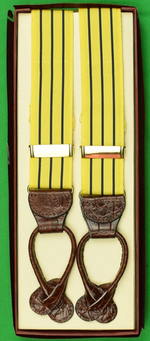 "J. Press Yellow Grosgrain/ Navy Tri-Pinstripe Braces w/ Grained Leather Tabs" (DEADSTOCK In Box!)