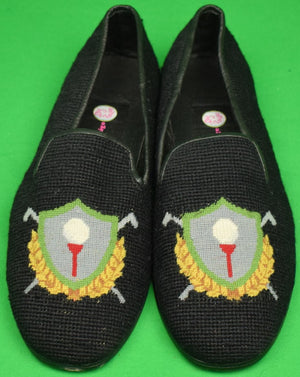 "Needlepoint Black Slippers Embroidered w/ Golf Crest" Sz: 11 (New!)