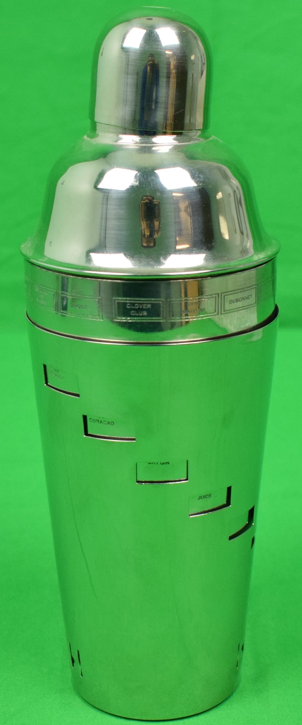 "Stainless Steel Cocktail Shaker w/ 15 Sliding 'Dial-A-Drink' Recipes"
