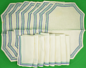 Set of 8 Placemats & 8 Linen Dinner Napkins c1940s w/ Green/ Blue Borders