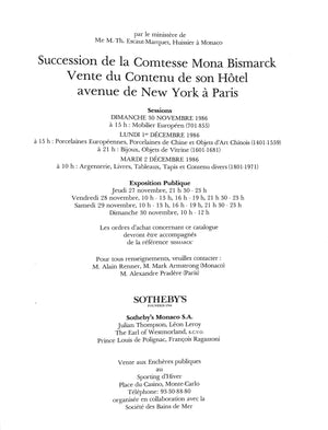 "Succession De La Comtesse Mona Bismarck" 1986 Sotheby's (SOLD)