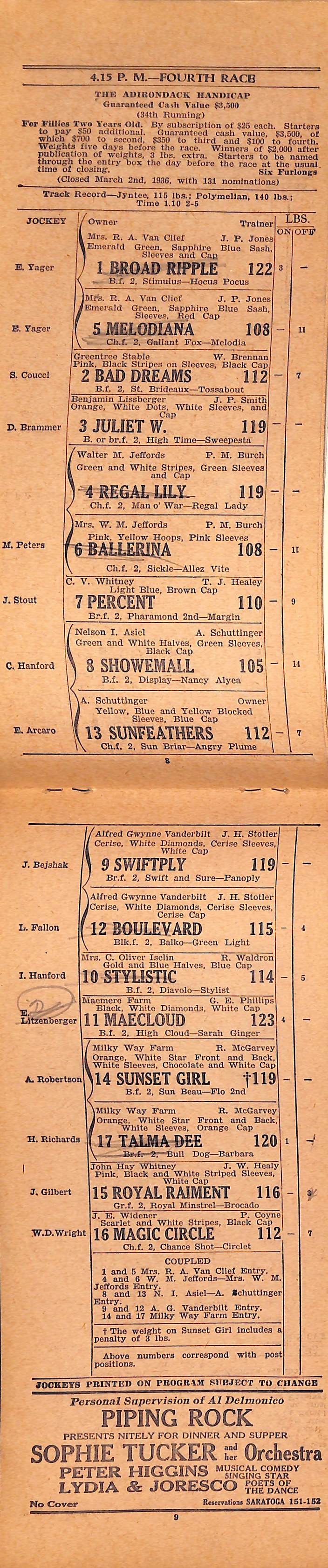 The Saratoga Association Official Programme August 21 1936