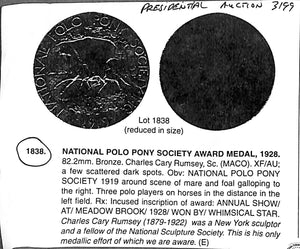 National Polo Pony Society 1919 Bronze Medal Sculpted by Charles Cary Rumsey