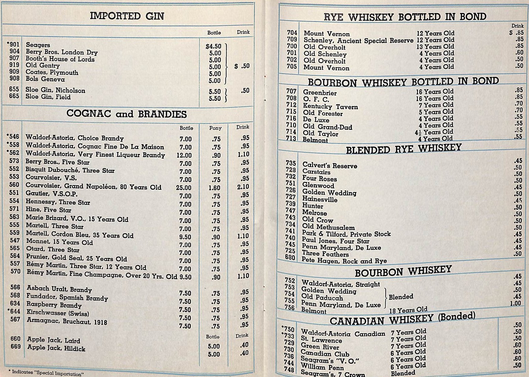 "Wine List: The Waldorf-Astoria" 1938