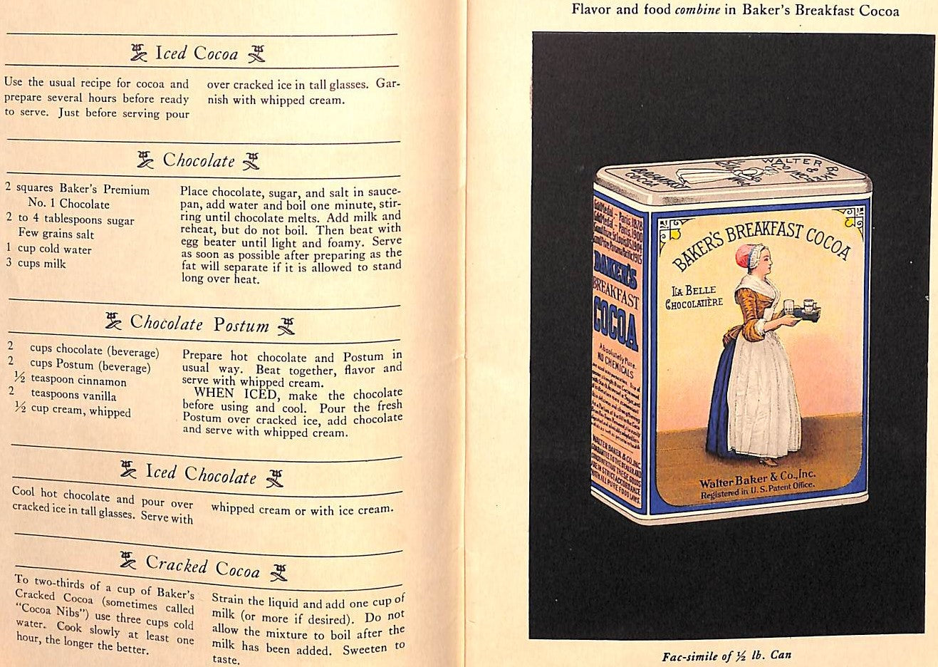 "Famous Recipes For Baker's Chocolate And Breakfast Cocoa" 1928 HOWE, Robin