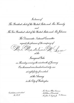 Inaugural J.F. Kennedy Presidential Gala 1/19/1961 Invitation
