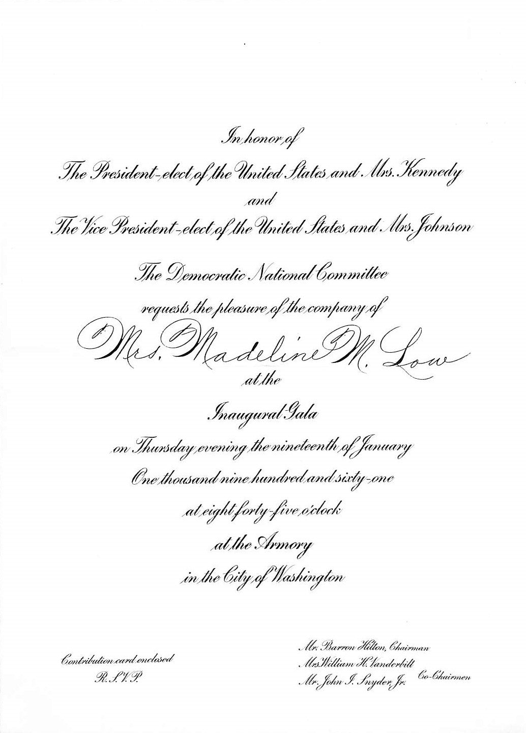 Inaugural J.F. Kennedy Presidential Gala 1/19/1961 Invitation